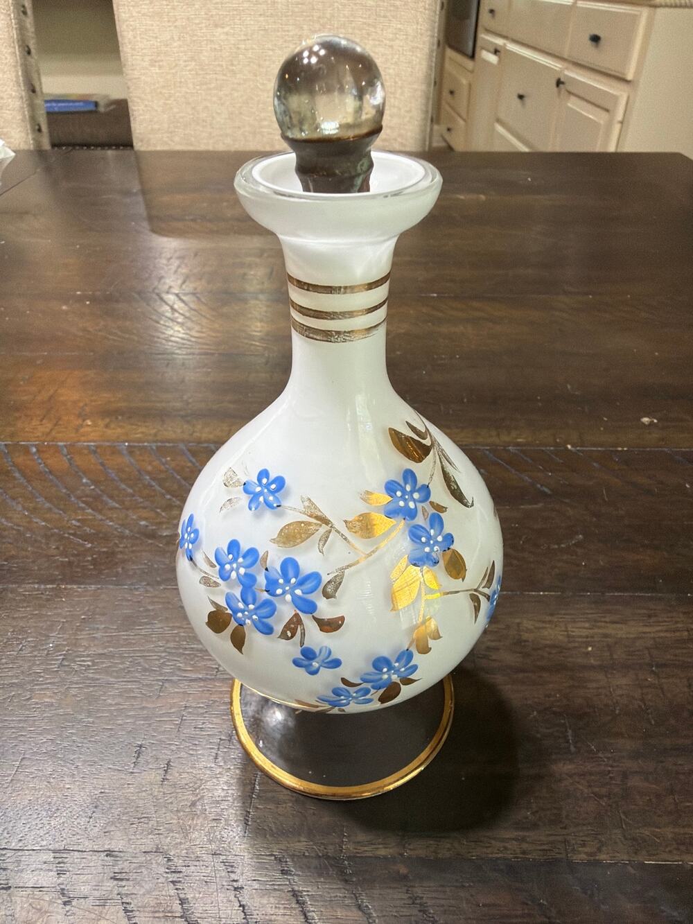 Vintage Opaline Glass Decanter Blue Floral Gold Gilt Ball Stopper Bottle